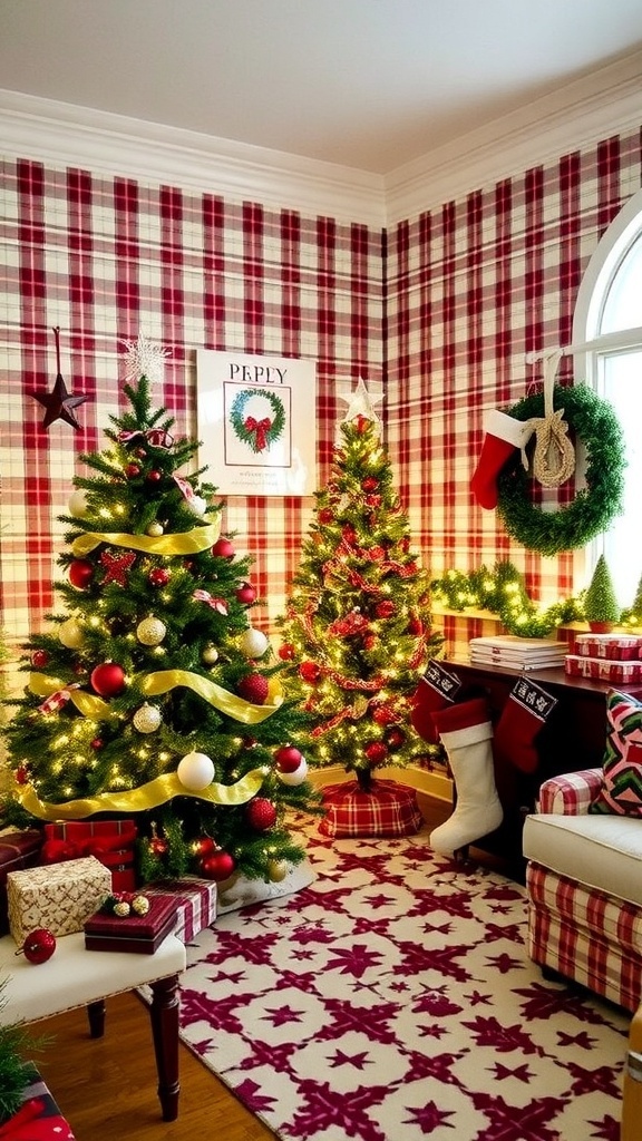 A cozy room with preppy Christmas wallpaper, decorated for the holidays with a Christmas tree and festive ornaments.
